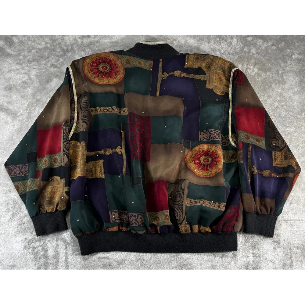 Vintage Vital‎ Elements Patchwork Bomber Jacket Womens L Multicolor Baroque Stud